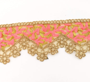Gold Sheer Tissue Fabric Cutwork Trim with Embroidery in Gold and Salmon Pink, Scallop Trim, Fringe Trim